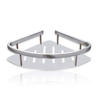 A silver stainless steel corner shelf tray with a triangular shape and a brand logo in the center.
