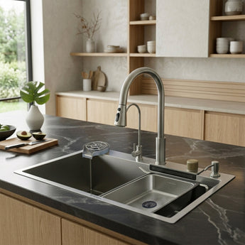 Magnus Nano Silver 304 SS Kitchen Sink with Integrated Waterfall, RO Tap & Triple Flow Pull-out Tap (24 x 18 x 9 Inches)