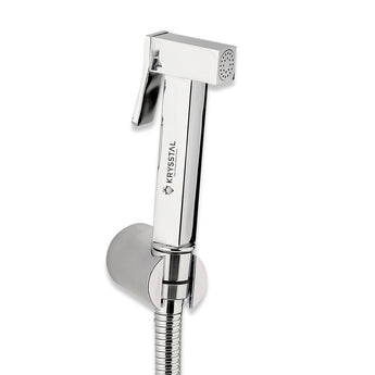 A silver health faucet with a wall hook and a 304-SS shower tube.
