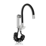 A black finish fexible dual flow kitchen sink tap with hand shower on a white background