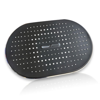 Black Boltz Overhead Rain Shower with silicone nozzles on a white background