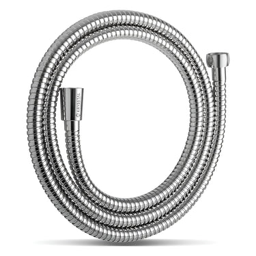 A silver coiled flexible shower tube made of stainless steel with metal connectors at both ends.