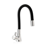 A table-mounted kitchen sink tap with a silicone spout, featuring a black flexible hose and a silver-colored faucet head.