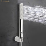 Glide ABS Hand Shower with flowing water & 304-SS Flexible Shower Tube with 1 m Wall Hook on Grey Background.