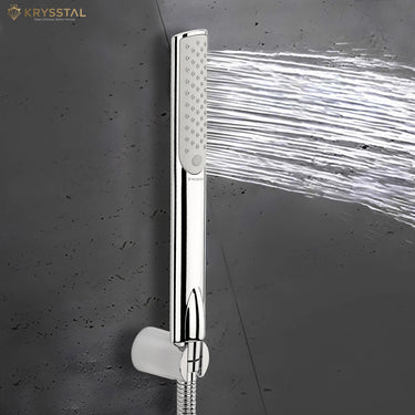 Glide ABS Hand Shower with flowing water & 304-SS Flexible Shower Tube with 1 m Wall Hook on Grey Background.