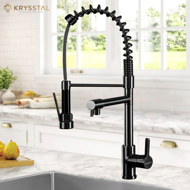 Black kitchen faucet with spring design in a kitchen setting, featuring the brand 'Krysstal'.