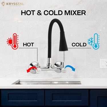 Wall-mounted sink faucet in chrome with a bendable silicone spout offering dual flow options with "Hot & Cold Mixer Settings".