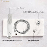 Glide ABS Hand Shower with components like a flexible tube, wall hook & screw set with its name and detail on white marble.