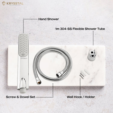 Glide ABS Hand Shower with components like a flexible tube, wall hook & screw set with its name and detail on white marble.
