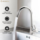A modern kitchen faucet in a chrome finish with a flat paddle handle is shown above a sink with running water, and text states it is tested for 500,000 cycles.