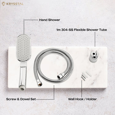 A silver ABS hand shower component with its name and detail on a white marble.