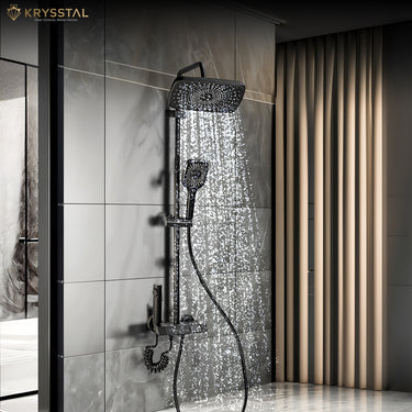 A showerhead system with multiple heads water flowing against the tiled wall background