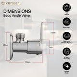 A silver angle valve with a reflective surface and a bold, flat control handle, presented with dimensions and its warranty & features on the right side on a transparent white background.