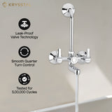 A dual-control chrome plumbing fixture that mounts on the wall, allowing separate regulation of water flow with its features like leakproof valve technology, smooth quarter-turn control, & testing for 500000 cycles.