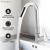 A silver kitchen sink tap with water flowing through it, highlighting features such as leak-proof valve technology, smooth quarter turn control, and durability through numerous cycles.