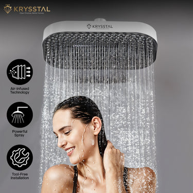 Woman showering with a Storm Overhead Rain Shower, featuring air-infused technology and powerful spray with tool free installation.