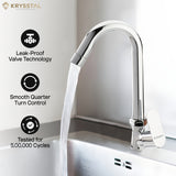 A beautiful chrome faucet pouring water into an undermount sink, with features like a leak-proof valve, quarter-turn control, and a 500,000-cycle test rating.