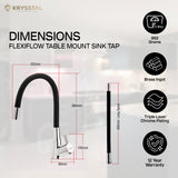 A detailed dimensions of a table-mounted kitchen sink with features & warranty on the right side on light background