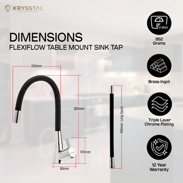 A detailed dimensions of a table-mounted kitchen sink with features & warranty on the right side on light background