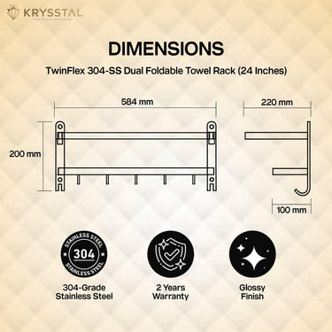 The dimensions of a silver towel rack with front view and side view and 3 featured visuals on bottom on golden & white background
