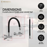 The dimensions of a Dual-control chrome kitchen mixer tap with a black flexible spout, & its warranty & features on the white transparent background
