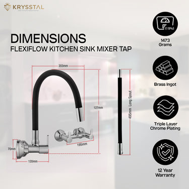 The dimensions of a Dual-control chrome kitchen mixer tap with a black flexible spout, & its warranty & features on the white transparent background