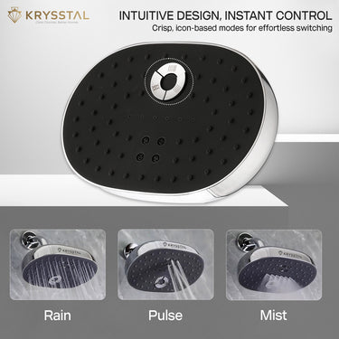Triple Flow Overhead Rain Shower with different modes like rain, pulse and mist displayed on a grey background