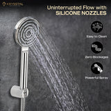 Halos ABS Hand Shower with water flowing from silicone nozzles with details on how to maintain it on a black background.