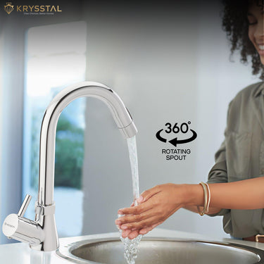 Product image of a single-hole, polished chrome faucet mounted on a sink, demonstrating its use while advertising the 360-degree swiveling spout feature.