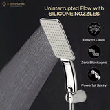 Breeze ABS Hand Shower with water flowing from silicone nozzles with details on how to maintain it on a black background.