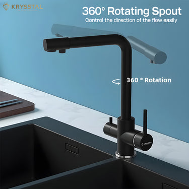 Black kitchen faucet with 360-degree rotating spout fitted on a black slab on a blue background