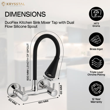 The dimensions of the chrome kitchen sink mixer tap mounted on the wall, featuring a flexible silicone spout with two flow modes with its warranty & features on the right side on a white transparent backdrop.