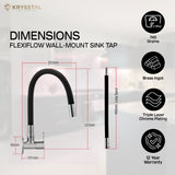 The detailed dimensions of a Flexiflow silicone spout kitchen mixer in chrome, and adjustable settings with 4 features on the right side on a white transparent background.