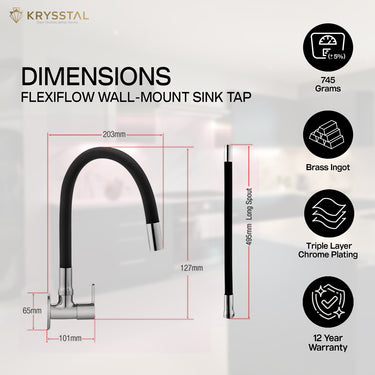 The detailed dimensions of a Flexiflow silicone spout kitchen mixer in chrome, and adjustable settings with 4 features on the right side on a white transparent background.
