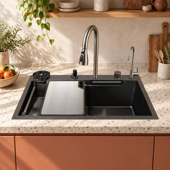 Smart Modular 304 SS Kitchen Sink (30" x 18 x 9") with Integrated Waterfall, RO Tap & Nano-Coating Technology
