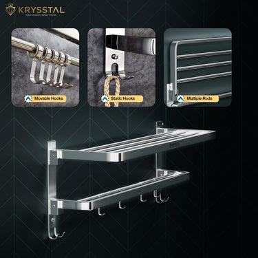 A mounted silver towel rack on a black wall with the top 3 featured images in square-like movable hooks, static hooks, and multiple rods.