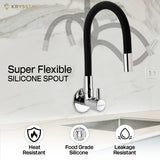 Chrome kitchen sink mixer tap mounted on the wall, featuring a Super flexible silicone spout with its features on the bottom on a beige background.