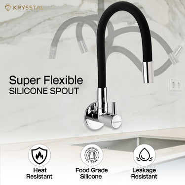Chrome kitchen sink mixer tap mounted on the wall, featuring a Super flexible silicone spout with its features on the bottom on a beige background.