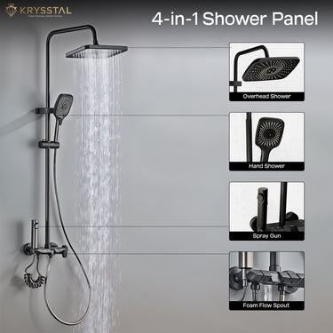 4-in-1 shower panel with various components like overhead shower, hand shower, spray shower and foam flow spout on a gray background.
