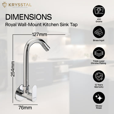 Chrome wall-mount sink faucet design with detailed dimensions featuring a minimal single-handle control, highlighting its features on the right side.