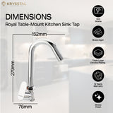 A Krysstal chrome kitchen faucet with a high-arc spout, with its dimensions & the warranty with features on the right side shown on the blurred background.