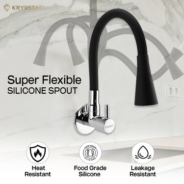 Kitchen wall tap with dual spray function and durable black silicone spout with shadow on a backdrop with "Super flexible silicone spout" tagged & its features on the bottom.