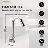 A durable chrome kitchen faucet, detailing dimensions and its key warranty & benefits on the white blurred background.