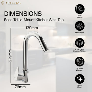 A durable chrome kitchen faucet, detailing dimensions and its key warranty & benefits on the white blurred background.