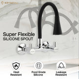 Super Flexible silicone kitchen tap in chrome showing zig zag at a background, mounted on the wall, with two flow options & 3 features on the bottom.