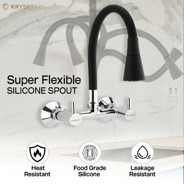Super Flexible silicone kitchen tap in chrome showing zig zag at a background, mounted on the wall, with two flow options & 3 features on the bottom.