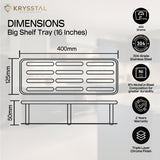 The dimensions of the silver medium wall tray shelf with its features on the right side on white background.