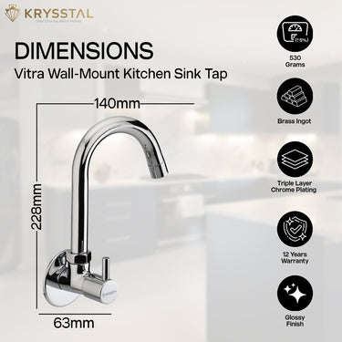 Chrome wall-mount sink faucet design featuring a minimal single-handle control & dimensions, highlighting its features on the right side.