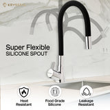A black table-mounted kitchen sink tap with super flexible silicone spout with zig-zag hose on a background, featuring a heat resistant, food grade silicone & leakage resistant and a silver-colored faucet head.