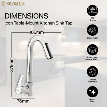 Faucet Design Detail: Image focusing on the base and spout of a Krysstal chrome fixture with dimensions & on the right side its warranty & features.